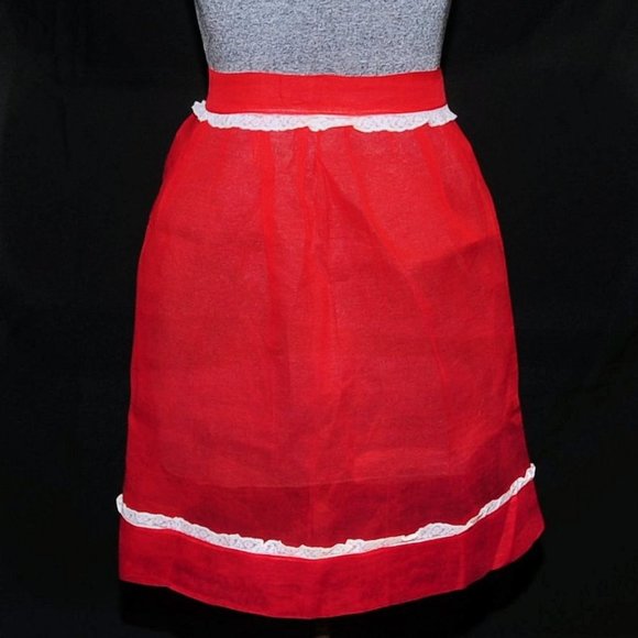 Vintage 50s Red Illusion Organza & Lace Fancy Hostess Apron July 4th, Christmas - Picture 2 of 8